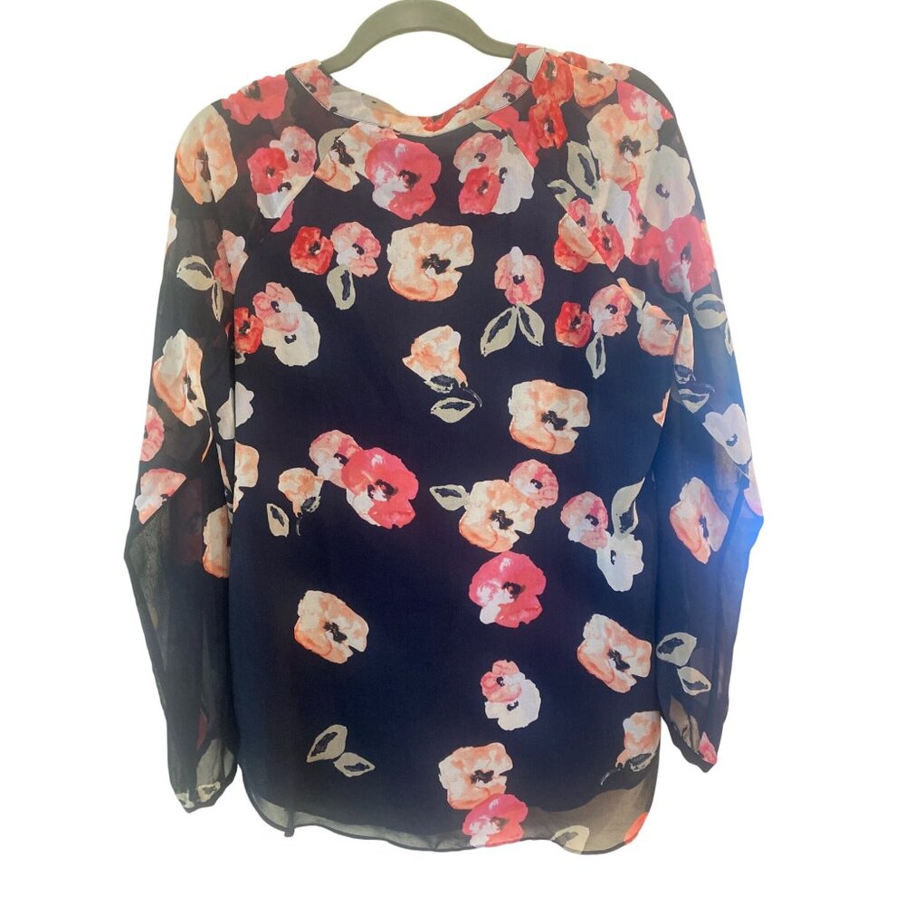 CAbi Poppy Blouse Medium* Tunic Top Navy Pink Floral Sheer lined Long Sleeve - Picture 5 of 10